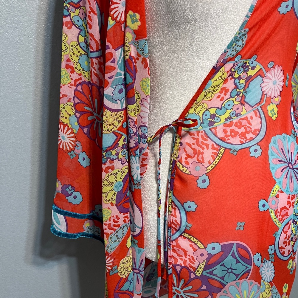 Josie Natori Floral Wrap Robe Womens Kimono Belted Lounge Boho Resort Small - Picture 6 of 10